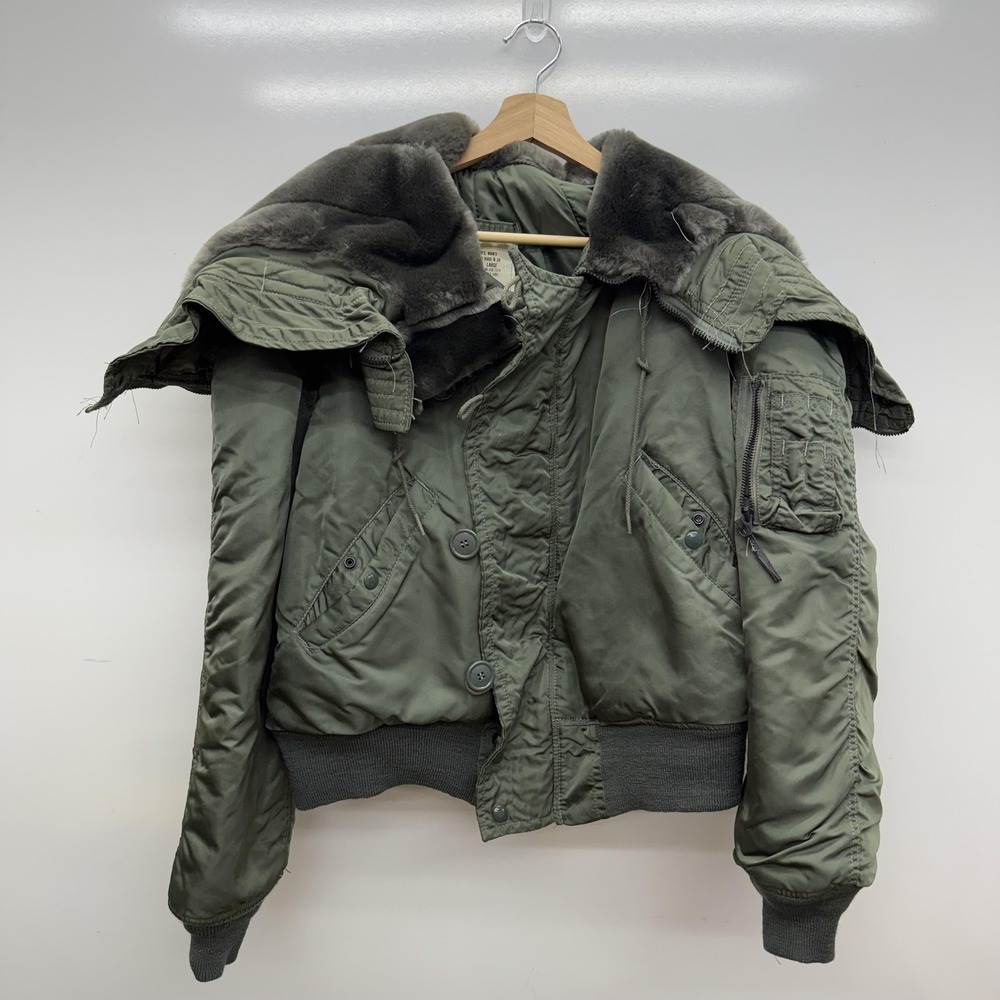 Vintage Alpha Industries N-2B Flight Jacket Mens Large Green Parka Fur Hood 80s